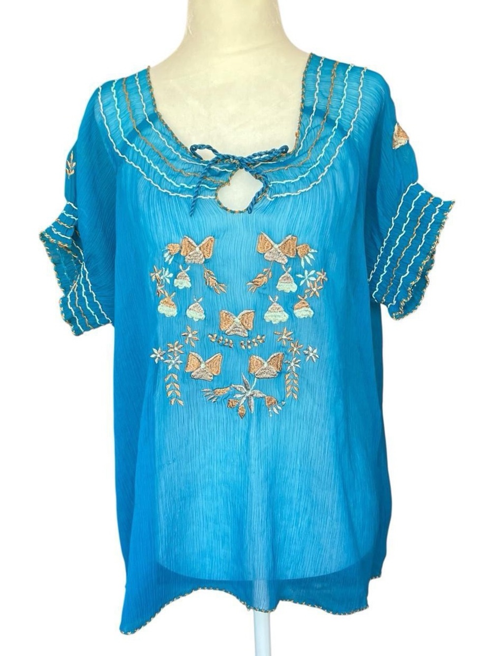 Pinky Teal Blue Sheer Embroidered Blouse